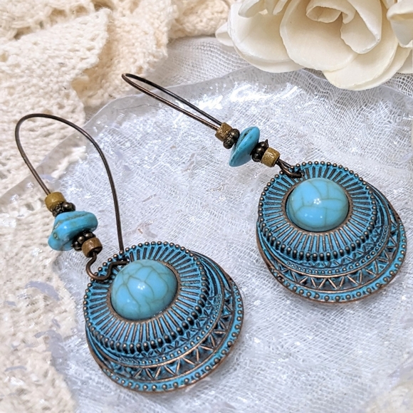 Dear Closet, Love Fifi Jewelry - DCLF Antiqued Copper and Bronze Turquoise Stone Medallion Drop Earrings
